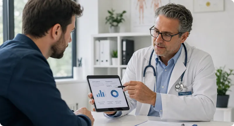 Médico muestra un informe en tablet a un trabajador durante una consulta.